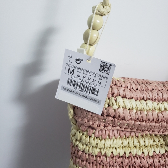 ZARA Pink Cream Straw Crossbody Shoulder Bag - Picture 3 of 9